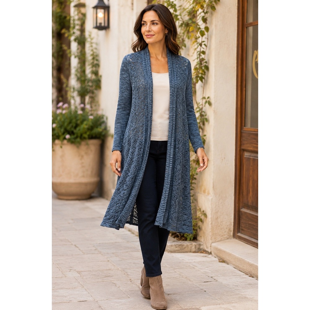 Fever Cardigan Sweater Womens M Blue Open Front Knit Crochet Lace Trim